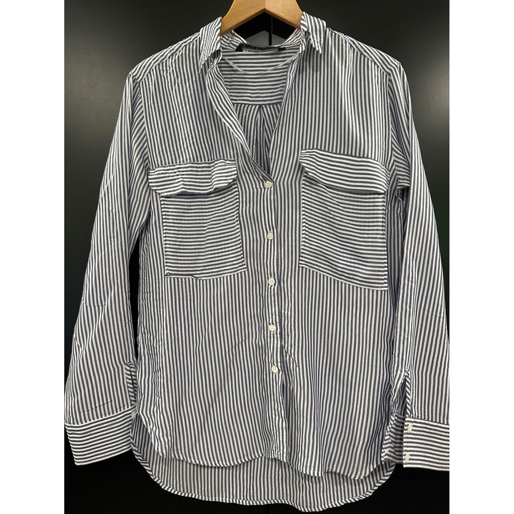 Zara Woman‎ Blue White Striped Button Down Shirt Viscose Long Sleeve Small